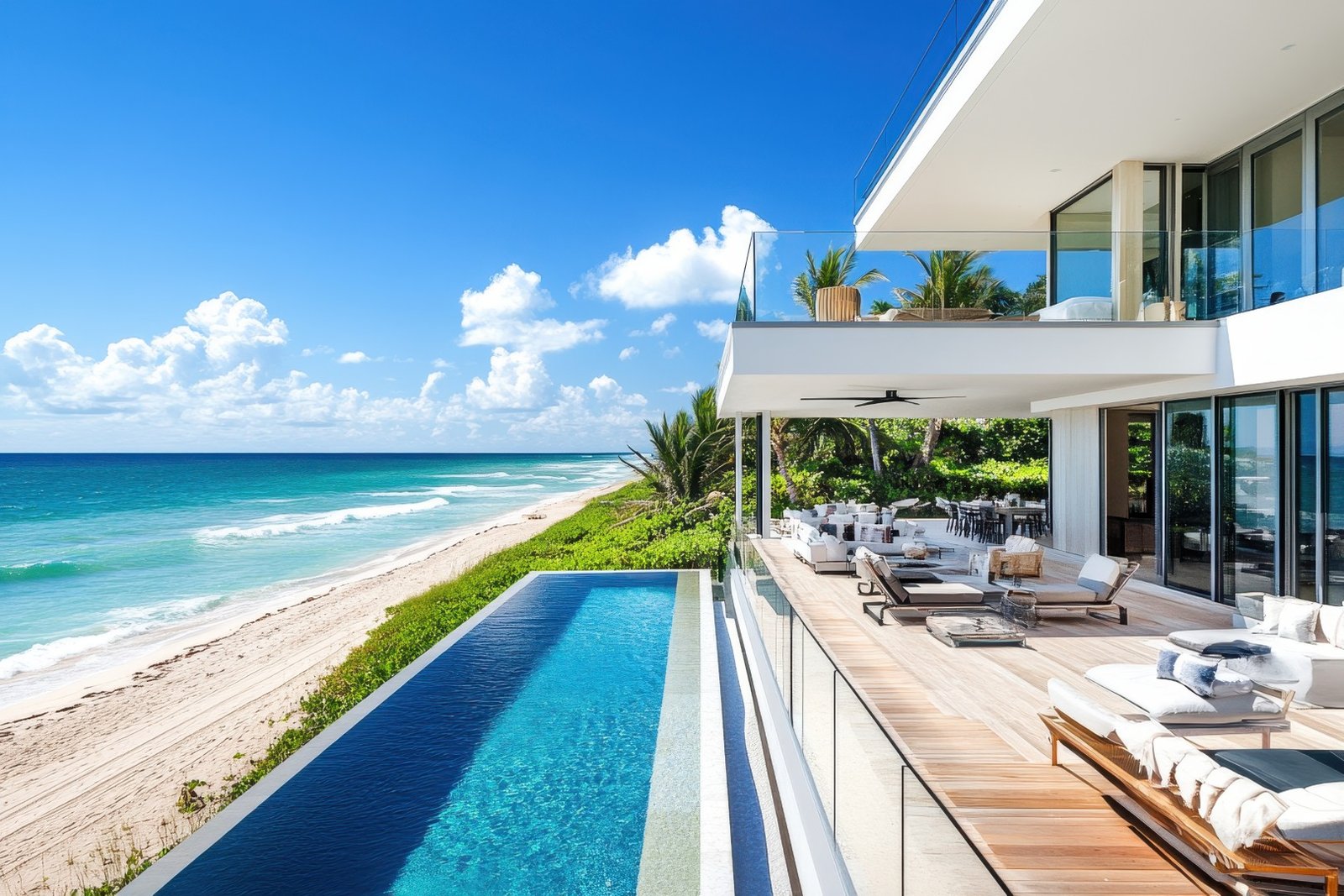 Luxurious beachfront villa with a stunning pool and ocean view.